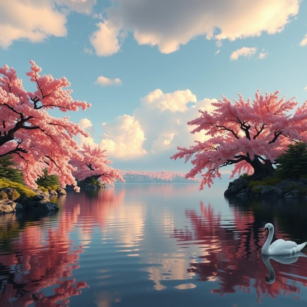 A endless landscape of a Japanese lake with cherry trees and...
