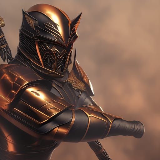 a cat wearing detailed black and gold ninja armor in a vigil...