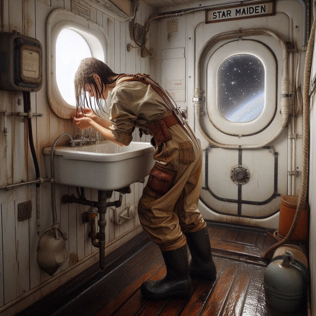 In the restroom of an old spacefreighter, a tired female wor...