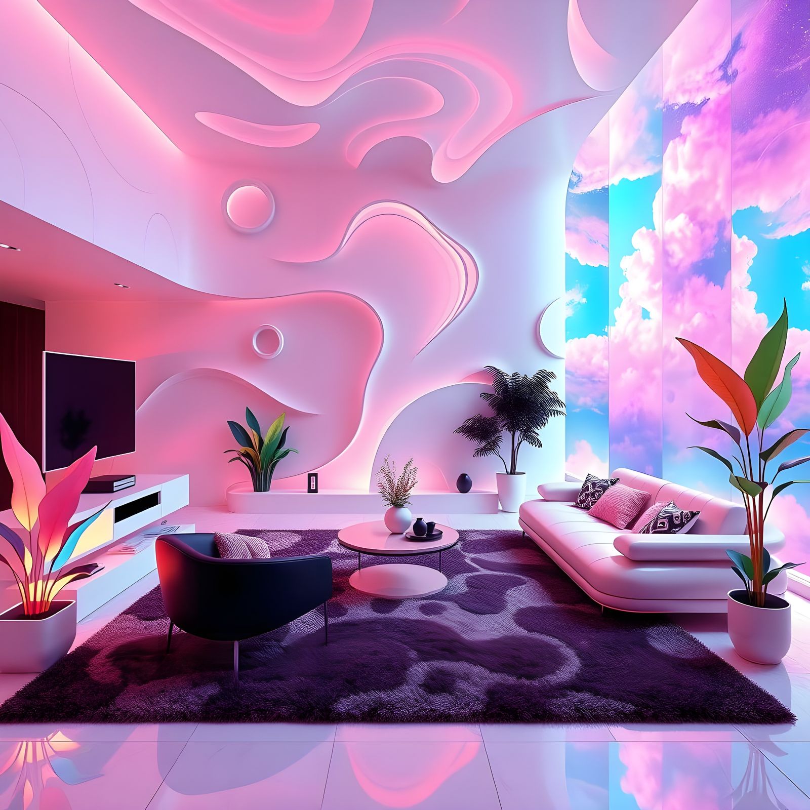 Surreal Retro-Futuristic Living Room in Mystical Dreamy 3D T...