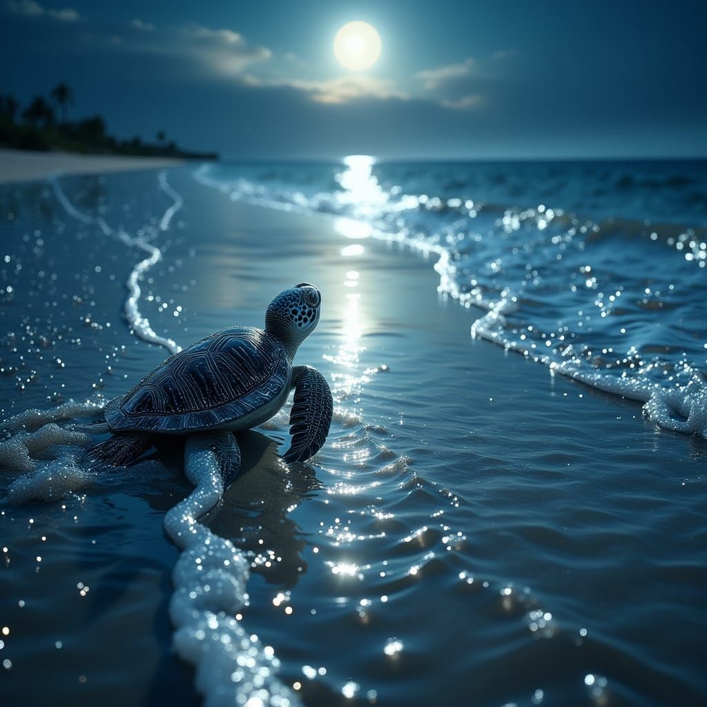 A Baby Sea Turtle Reaching The Ocean At Night  by @AlphaArt