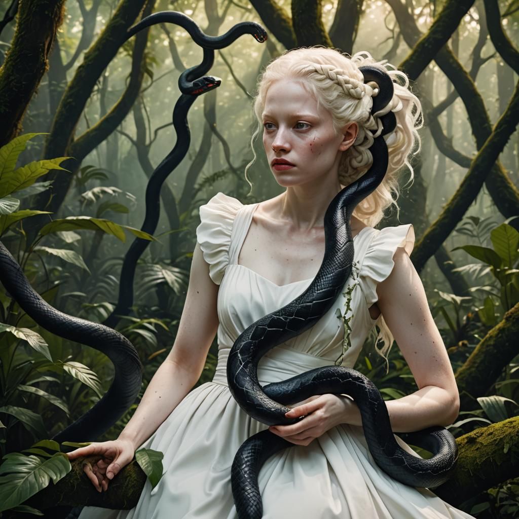 Albino Woman with Snake in Lush Forest