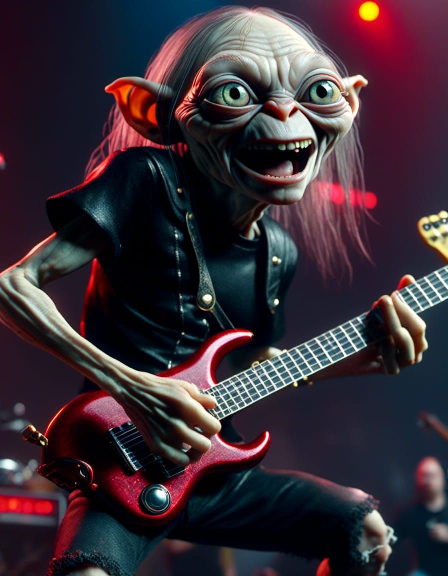 <lora:Gollum:1.0>gollum wearing a black t-shirt with "ACDC" as a heavy metal guitarist in a band,  64k high quality, 64K UHD,64K HDR,10000+...