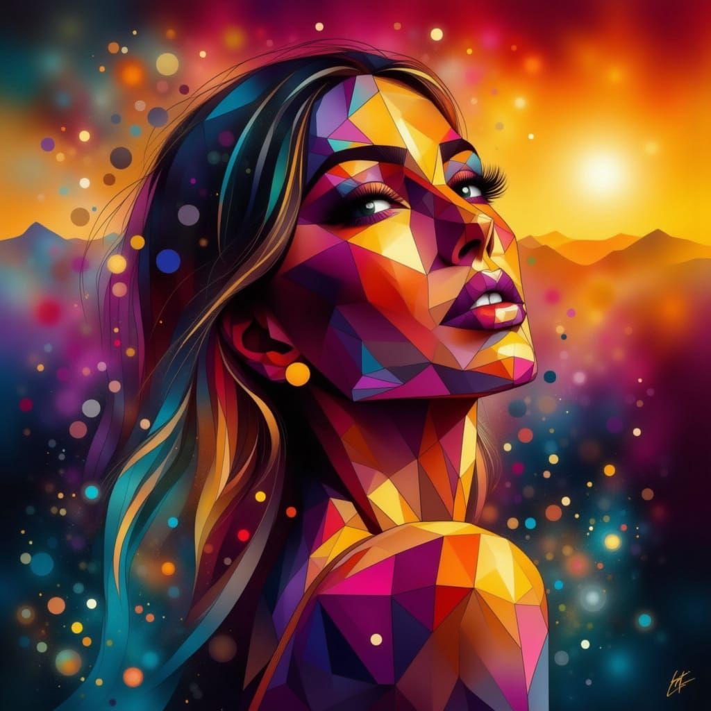 <lora:GeometricAbstraction:1.0> female portrait in sunset colour