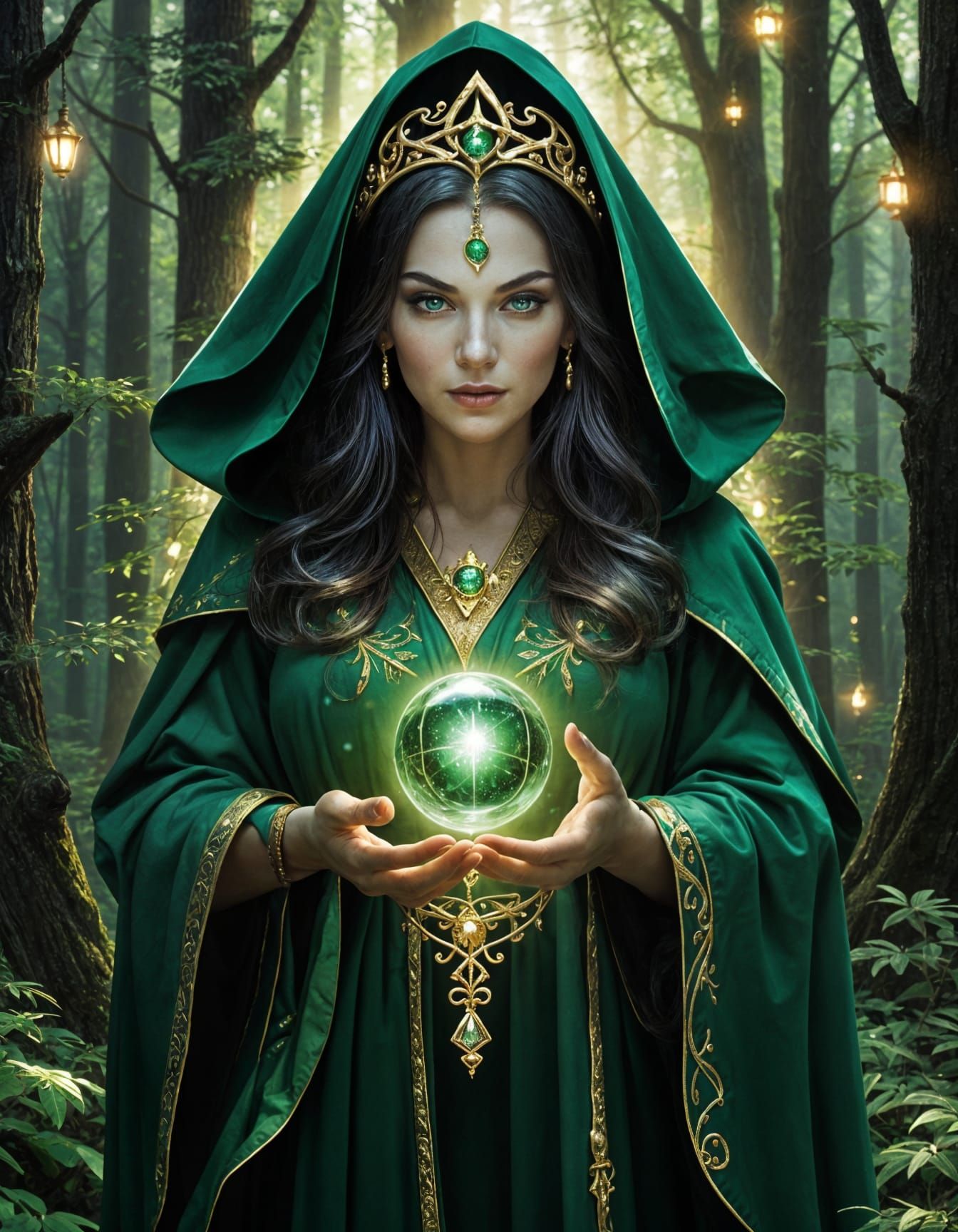 Portrait of a Beautiful Elemental Witch, standing in a dimly...