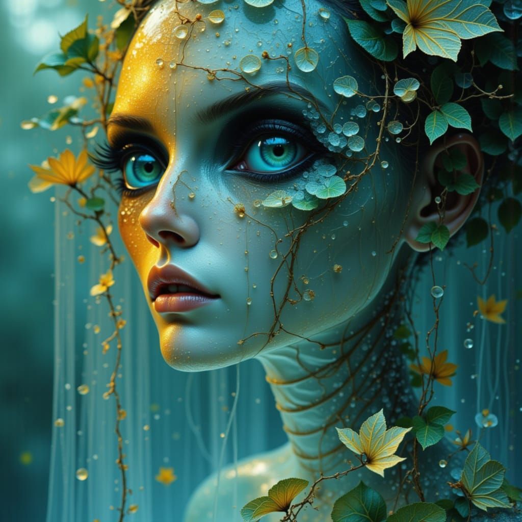 Mysterious Glass Skeleton Woman with Glistening Dewdrops