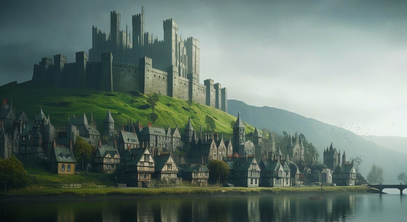 An enormous medieval fortified Keep sitting on a hill next t...