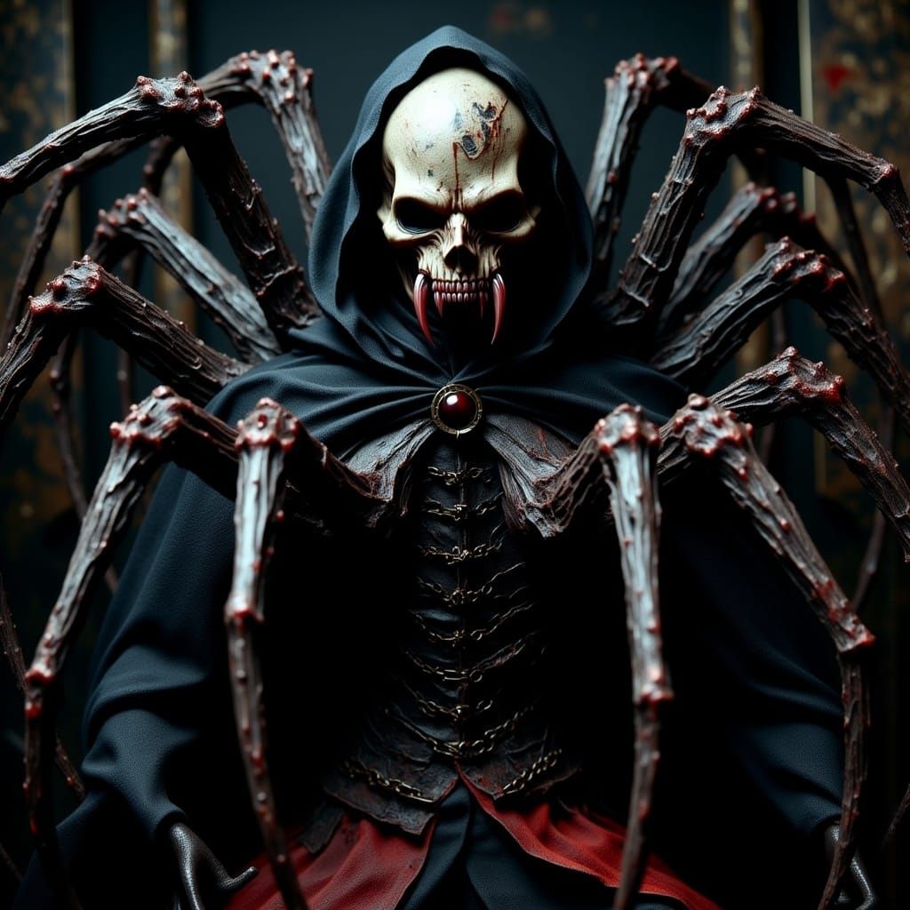 <lora:Thriller Fantasy V2:1.0> Optical Projection photograph portrait: Horror Plague Doctor as a Giant Spider, full body, sharp fangs, hocke...