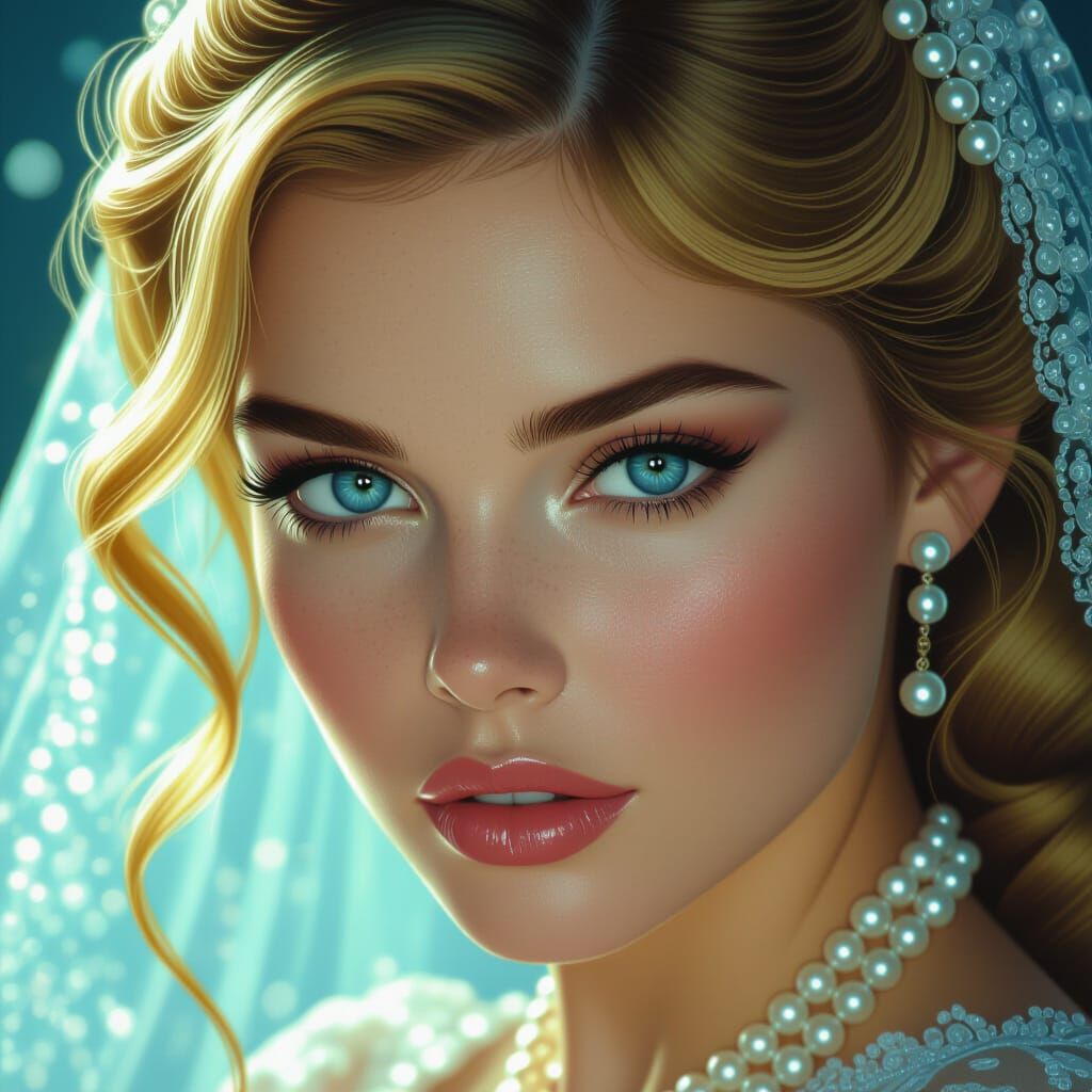 Golden-Haired Woman Adorned with Pearls in Hyperrealistic St...