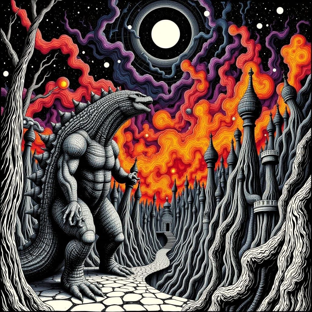 <lora:Poe Escher:1.0> Vibrant colors and Ink, Godzilla eating an Artscape inspired by a mesmerizing mix of MC Escher and Edgar Allen Poe. Hy...