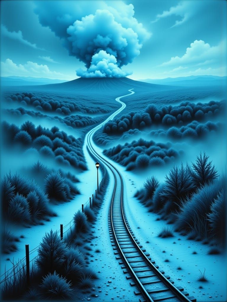 Surreal Landscape with Train Tracks as Life's Fork