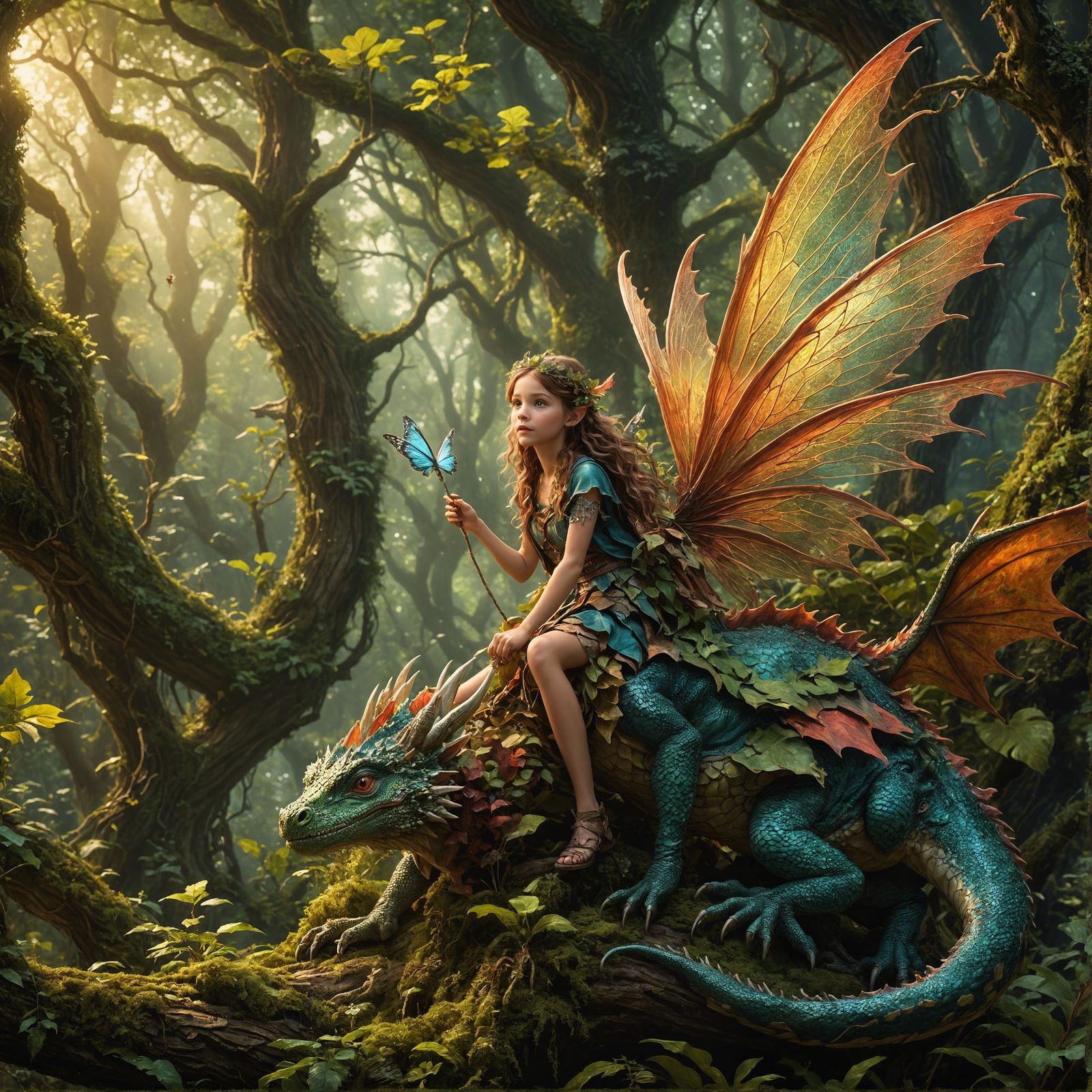 A cute fairy perched on top a little dragon