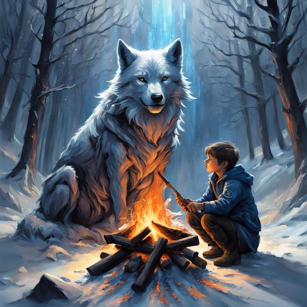 Over-detailed impressionist painting, detailed little boy sits at a campfire. His hair, face, and eyes are covered in frost. He squints with...