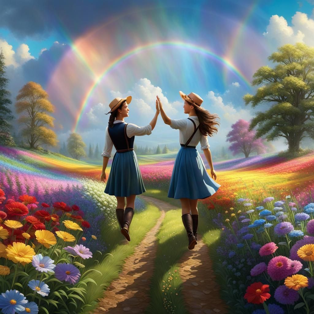 Two friends high-fiving under a rainbow in a field of colorful flowers. A painting by Thomas Kinkade, ...  by @Dantonio