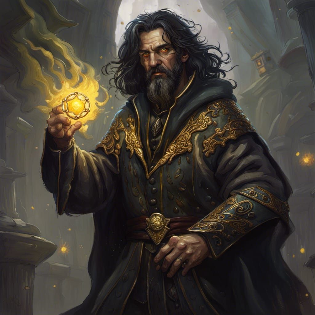 One armed wizard with yellow eyes and black hair, midle aged man - AI ...