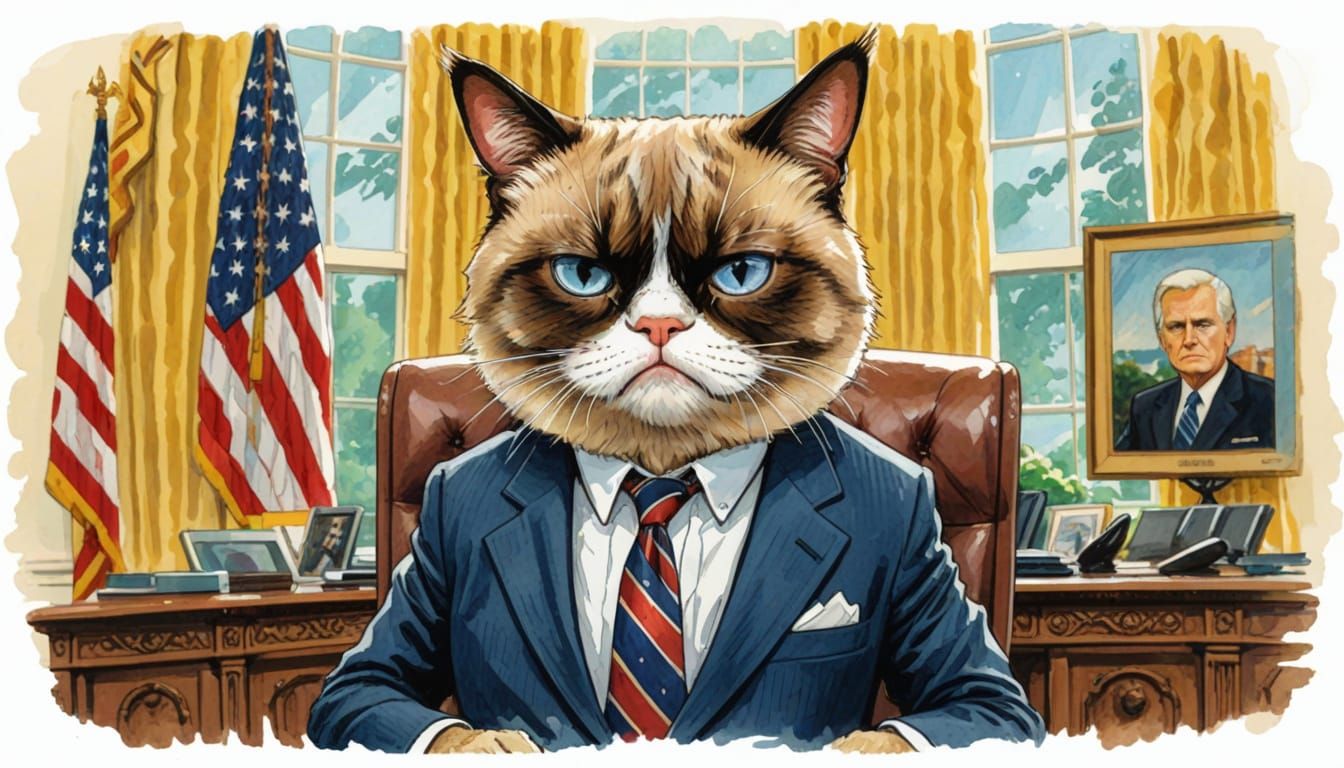 President Grumpy Cat. A whimsical depiction of Grumpy Cat wearing a suit and tie in the Oval Office of the White House. Grumpy Cat has the b...