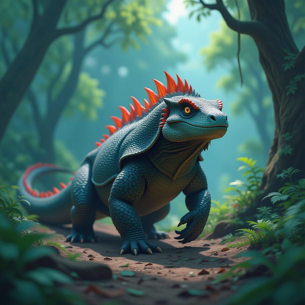 Centric Character Illustration; a Komodo dragon walking in a  forest background, in the art style of League of Legends' Arcane; detailed mat...