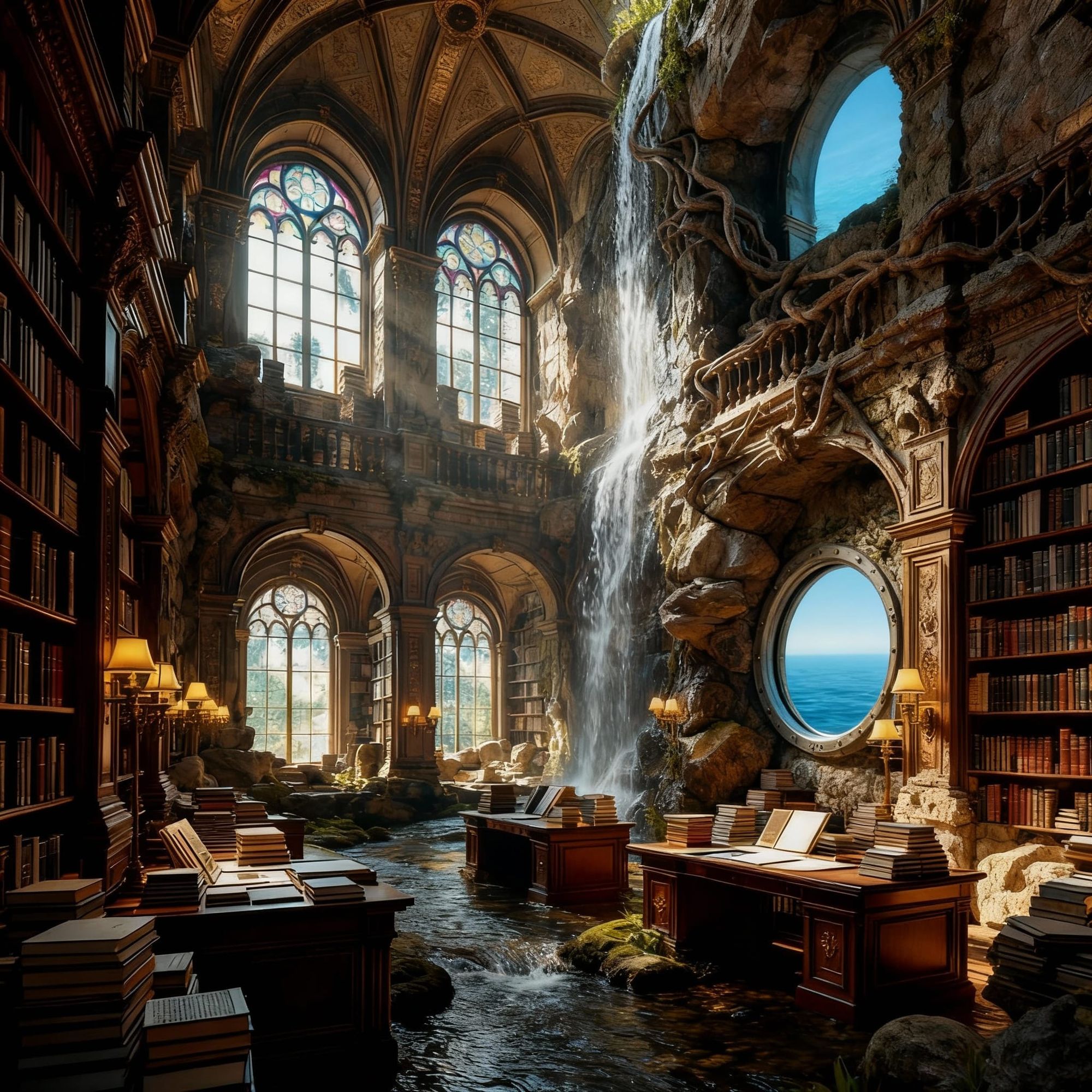 A sprawling, ancient library where the books are made of intricately folded paper, with towering shelves constructed from layered cardstock....