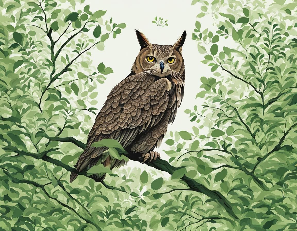 Stylized Owl with Feathers and Leaves
