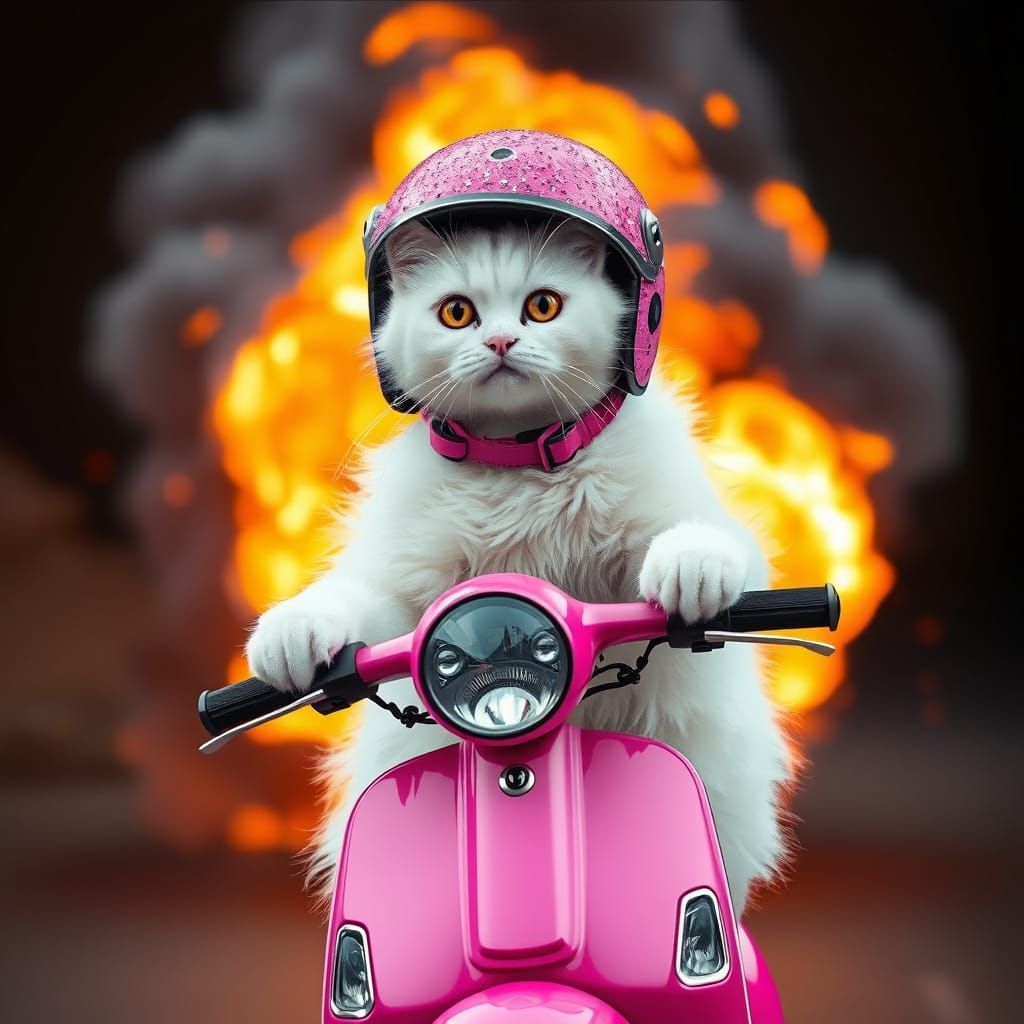 A photo realistic funny scene of a white or a black cat wearing a pink glitter helmet and matching pink glitter scooter, riding away from th...