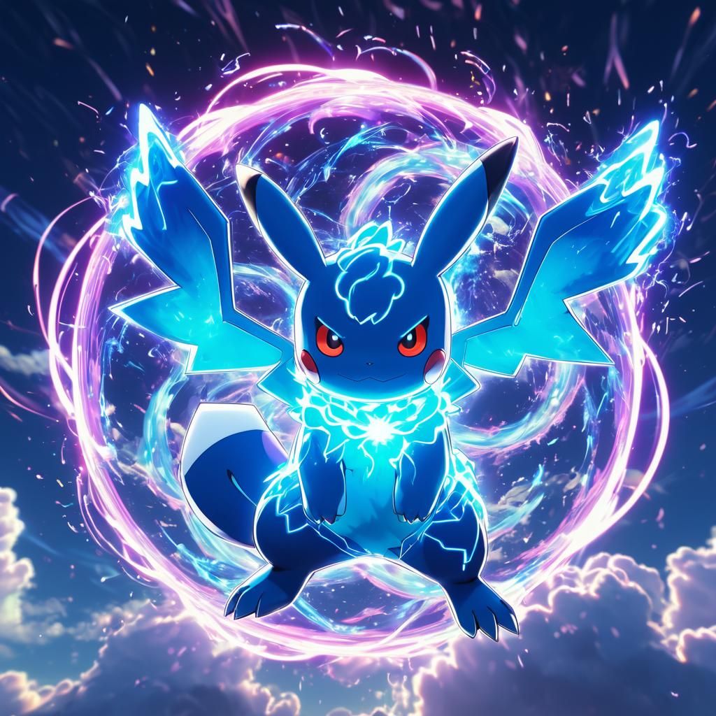 an electric type Pokémon named Pikachu having a psychic type appearance or look, with a sky/cloud background.