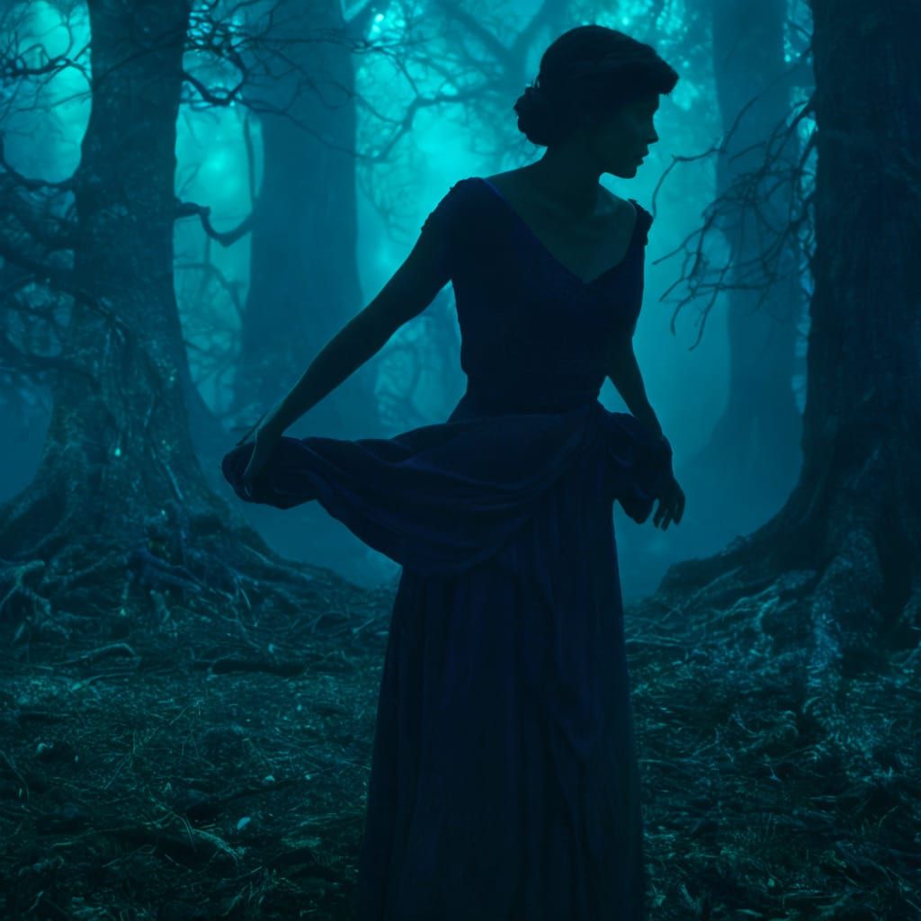 Mysterious Woman in Dark Mystic Forest