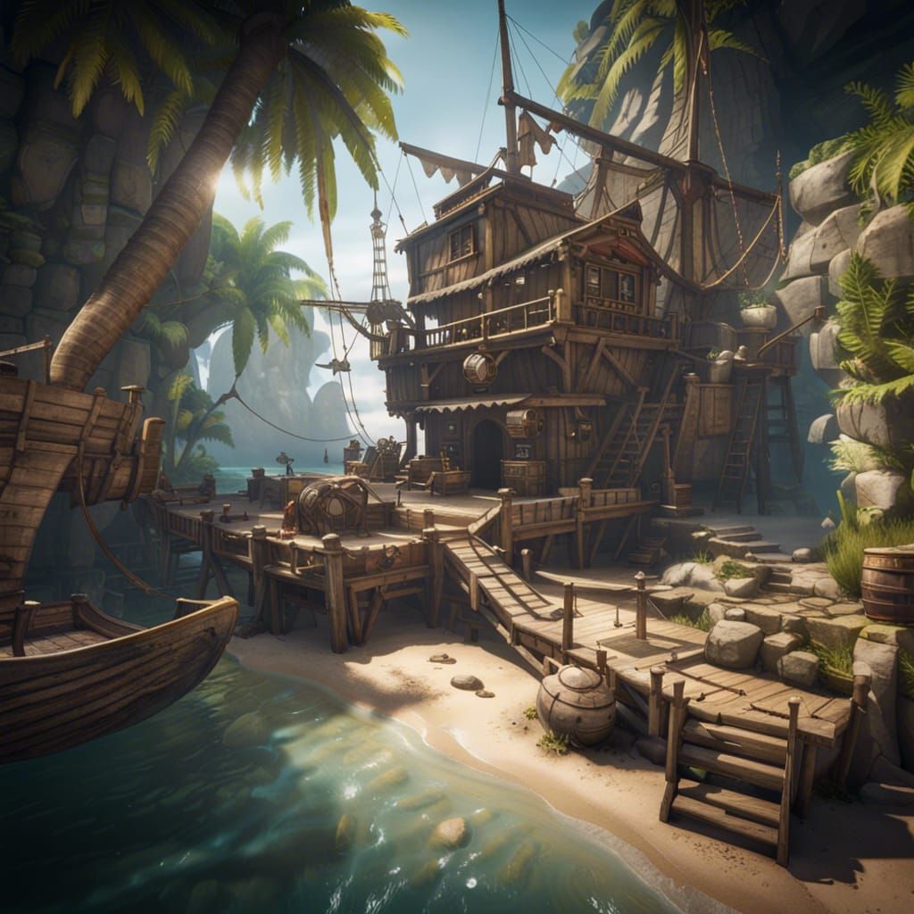 Pirate Hideouts 3D Game Cinematic Feel, Epic 3D Videogame Graphics, Intricately Detailed, 8K Resolution, ...  by @LoHdessin