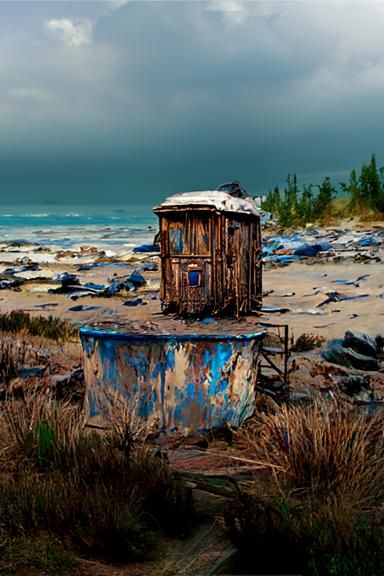 Old rusty blue toilet cabin on a beach
