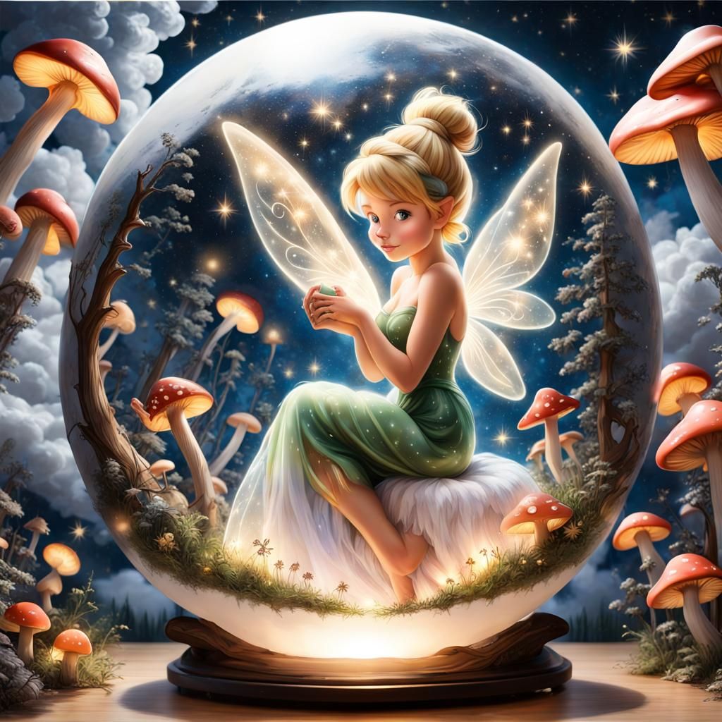((((masterpiece))), (((Brilliant))), ((huge orb, inner glow with Tinkerbell,  fireflies, and mushrooms inside, orb with pixe dust, radiance...