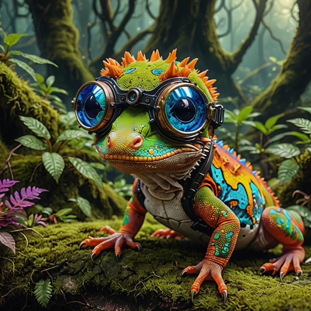 brightly colored Madagascar gecko with goggles reflecting a fantasy ...