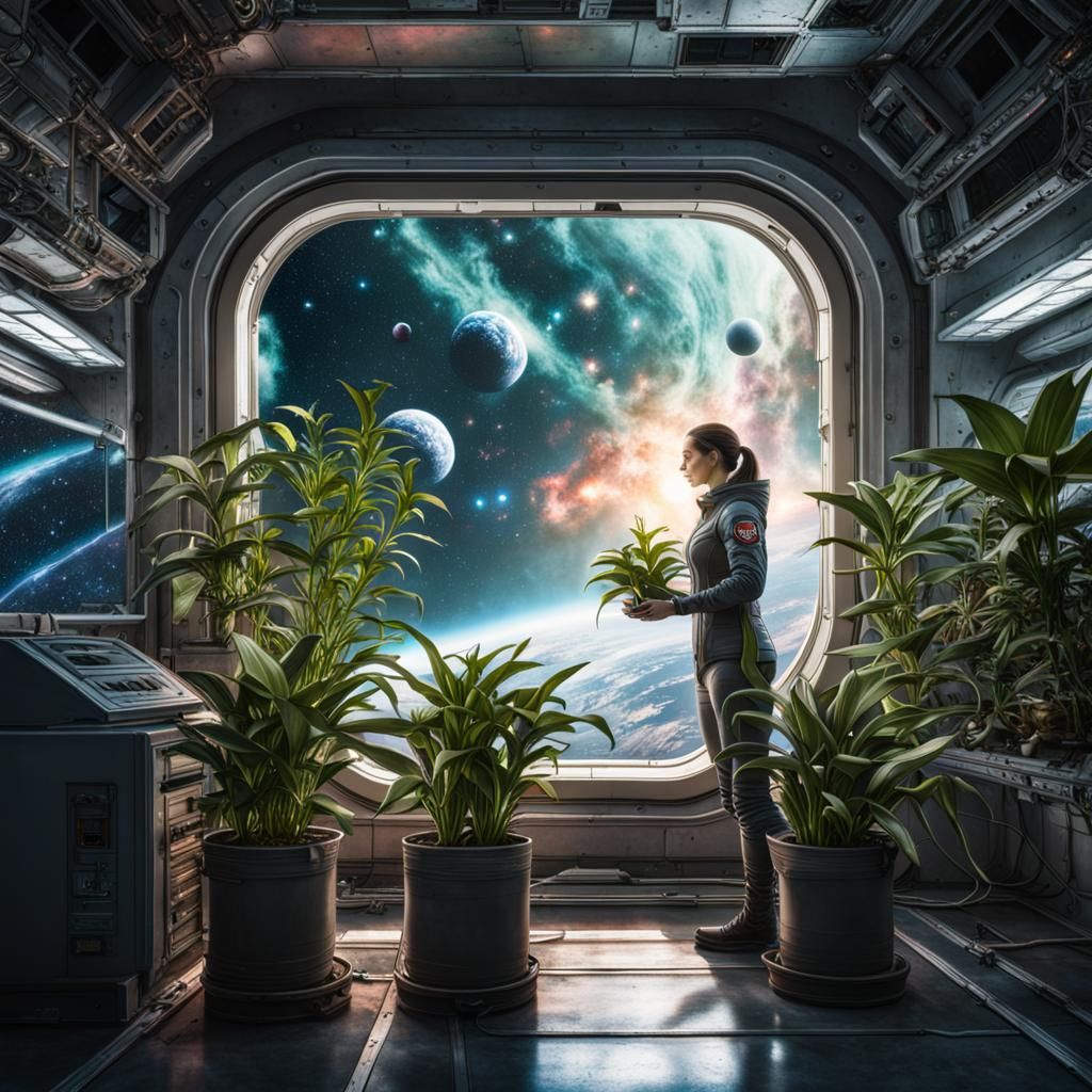 Potted lily in a space station room, woman tending the plant. Window with nebula visible. Sci fi  by @Chamelios