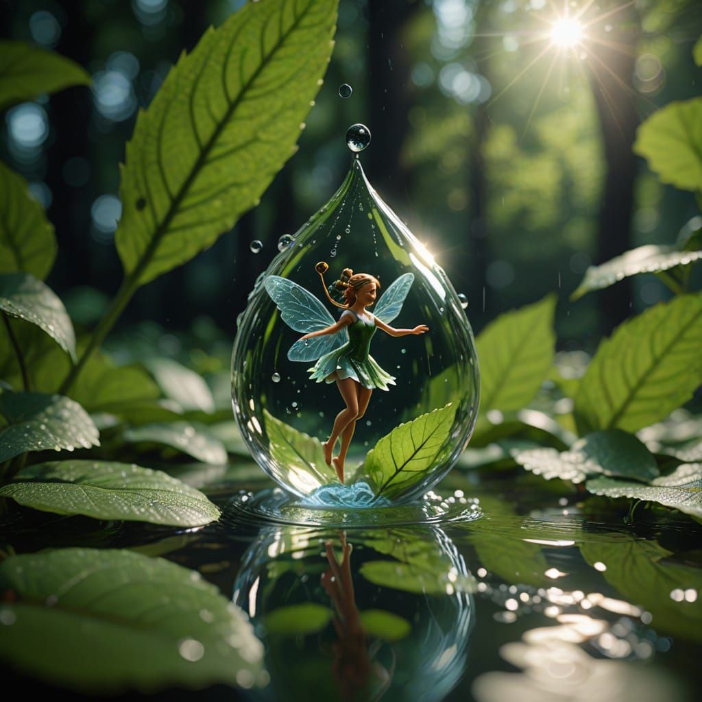 Surreal Fairy Dancing in Water Drop on Leaf in Hyperrealisti...