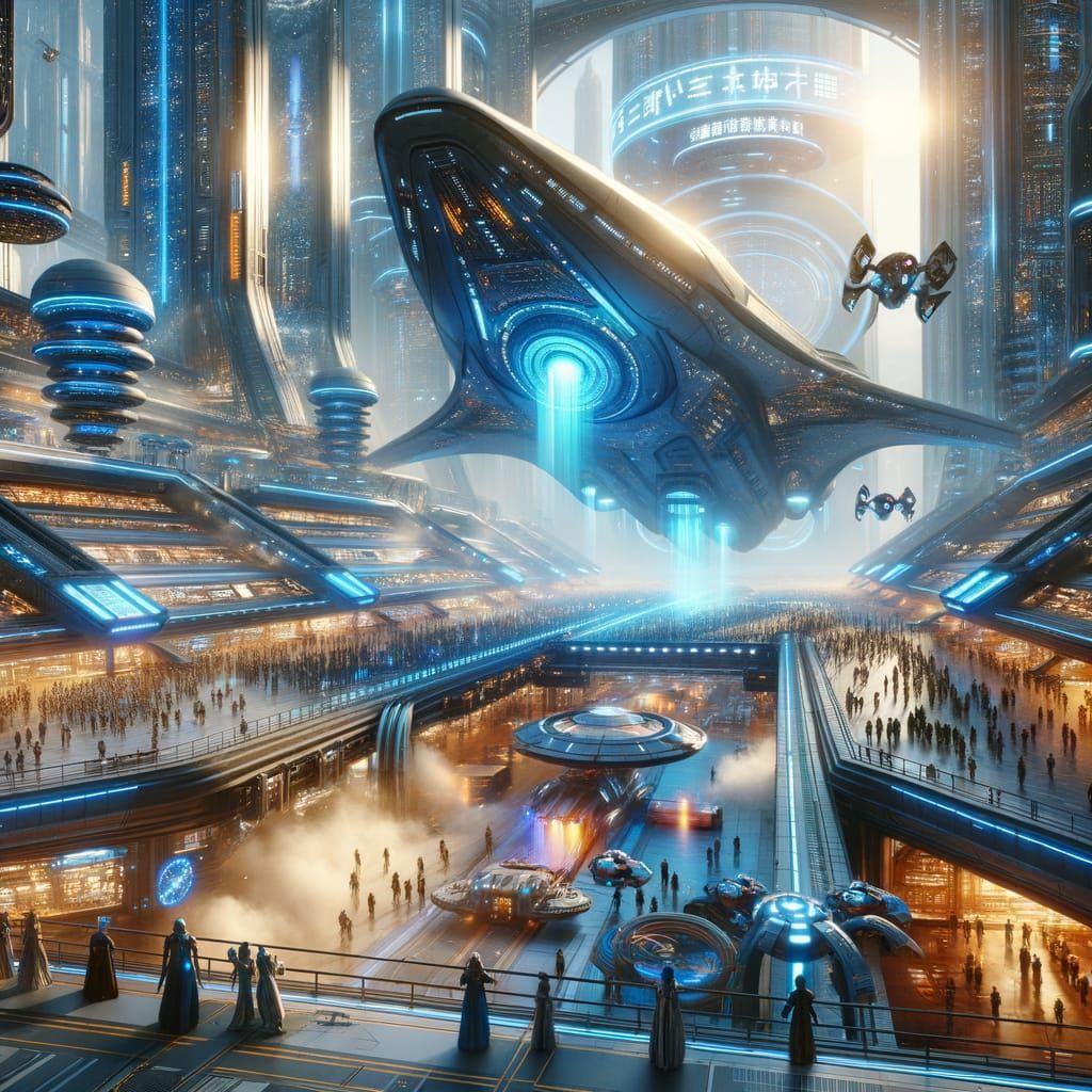 A grand sci-fi scene set in the 2400s: a massive starship descends onto a bustling futuristic spaceport. ...  by @Zoli