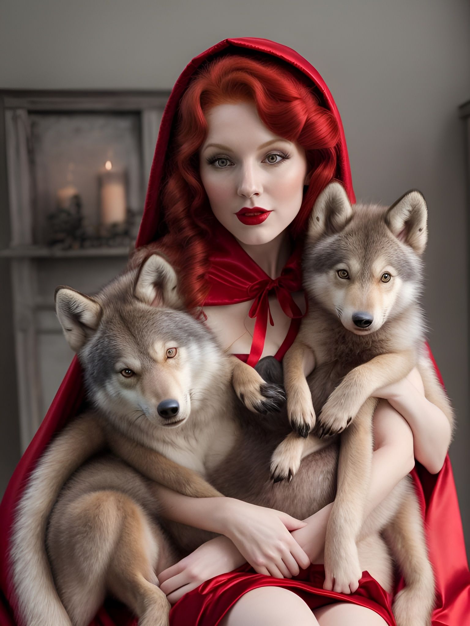 Red Riding hood woman with red hair in long curls, satin red...