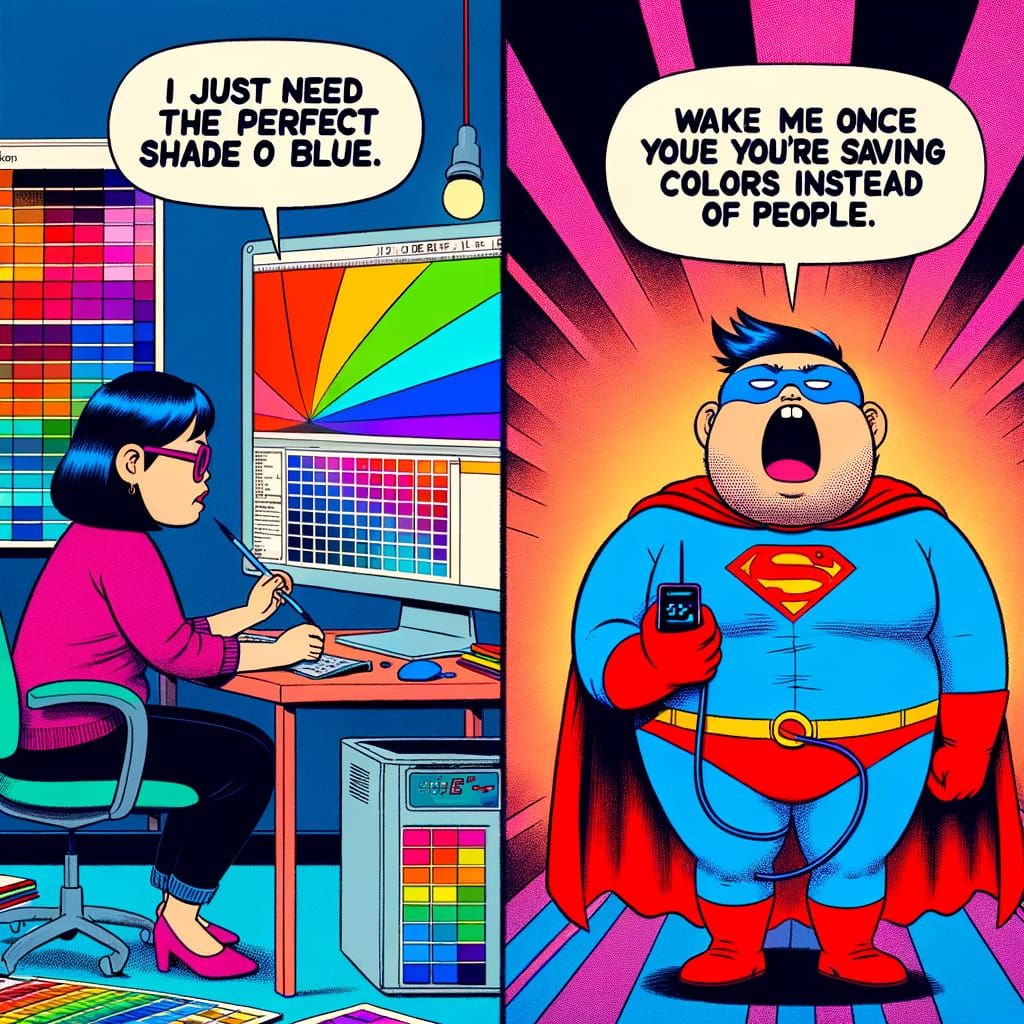 A funny two-panel comic meme.
Panel 1: A graphic designer sitting at a desk surrounded by color swatches, staring intensely at the screen an...