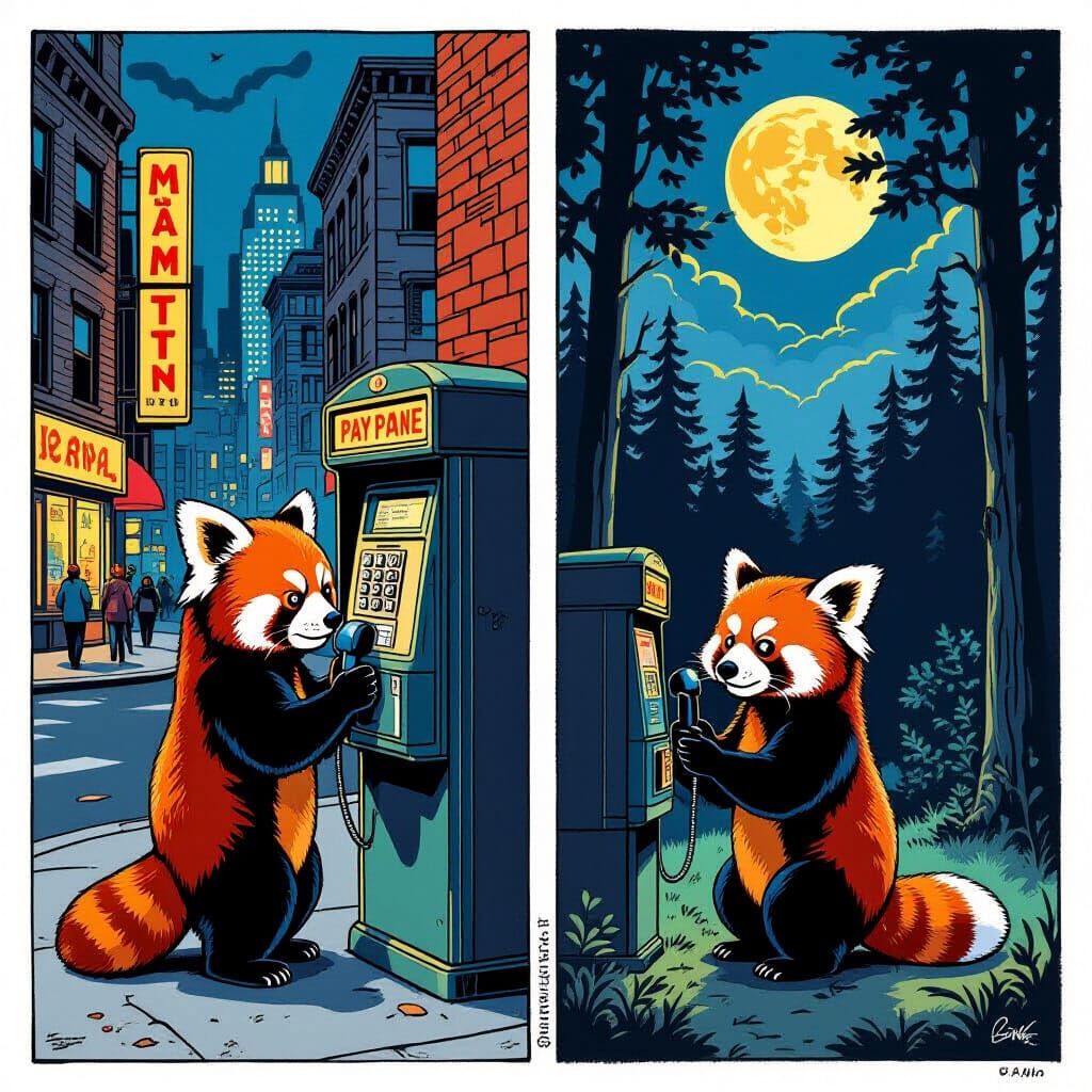 Side by side comic strip showing Two red pandas calling each other on pay phones from different locations 