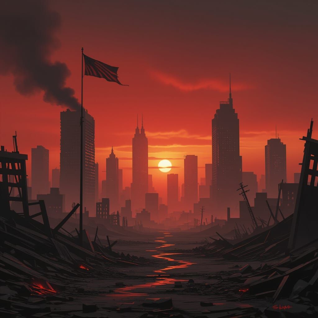 Apocalyptic Cityscape with Tattered Flag in Dramatic Light