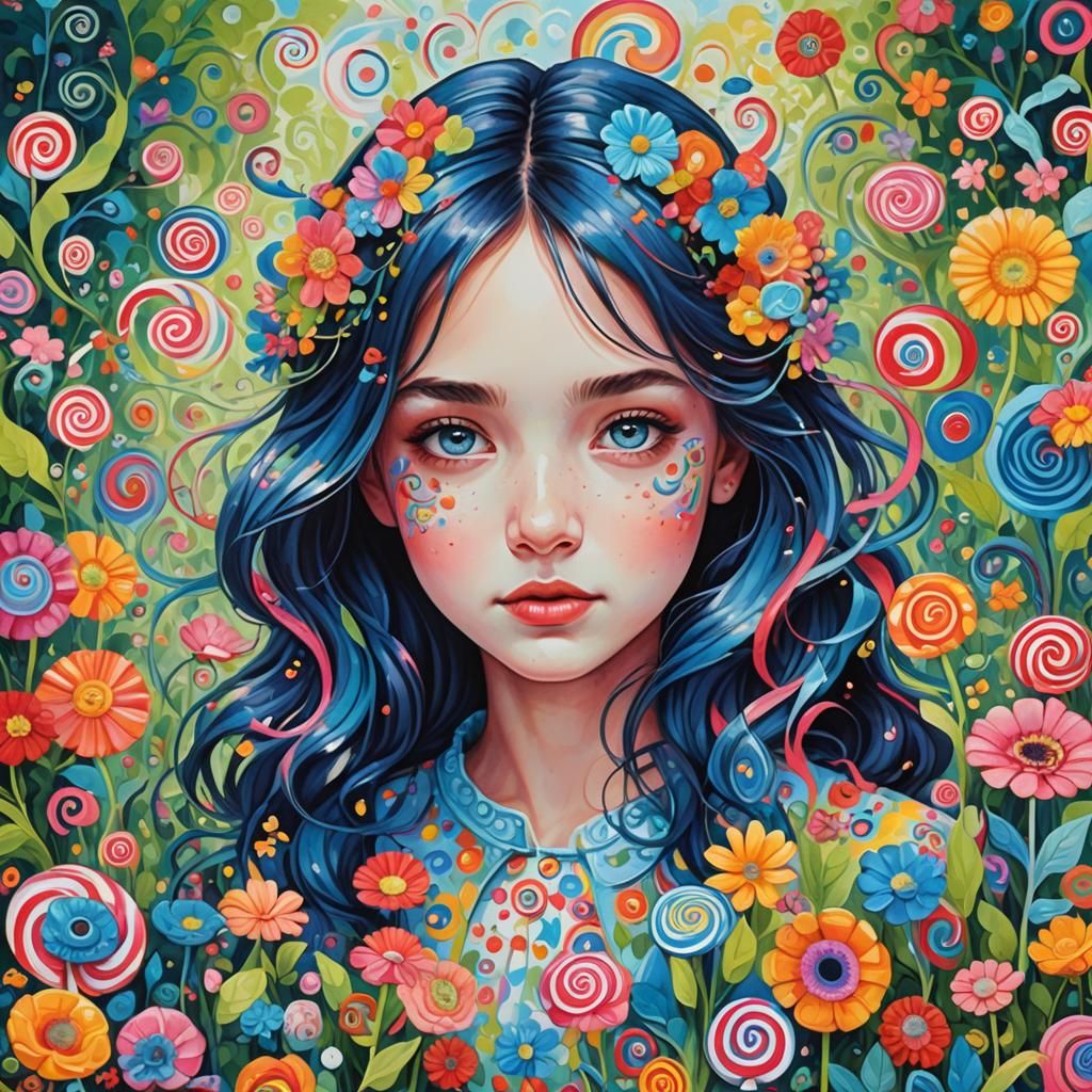 Jeune fille aux yeux bleus, (demi corps) dans un parc fleuri. vibrant colors Candyland wonderland gouache ...  by @Phyllis