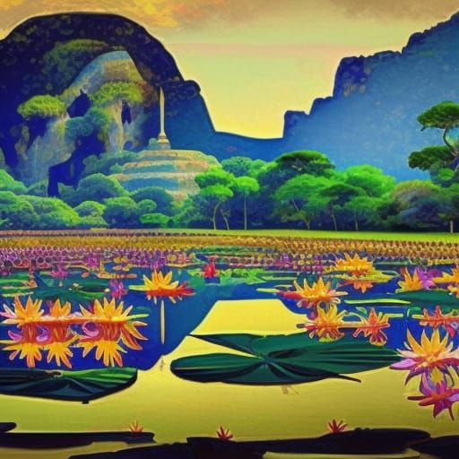 Mountain in front of lake with lotus and sun flowers birds a...