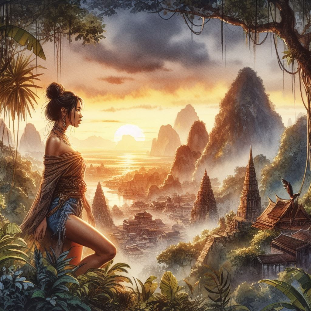 Stunning watercolor painting, Young Asian Woman in the jungle