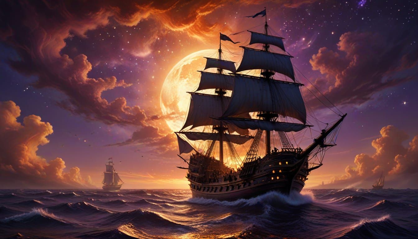 A celestial, decadently gothic galleon glimmers in the gloom, its hull adorned with glittering stars and deep purple hues, but the ship is s...