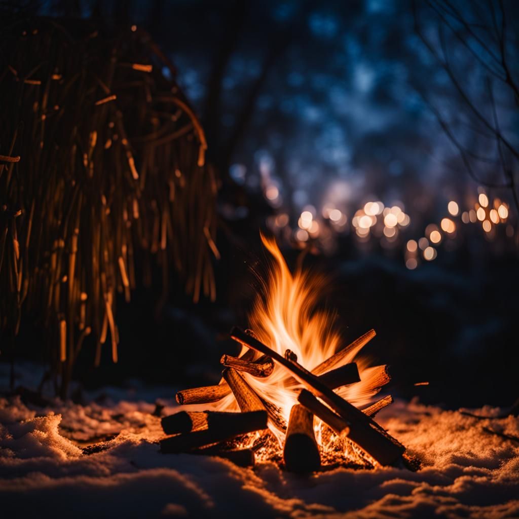 Bonfire at the jungle in the winter night