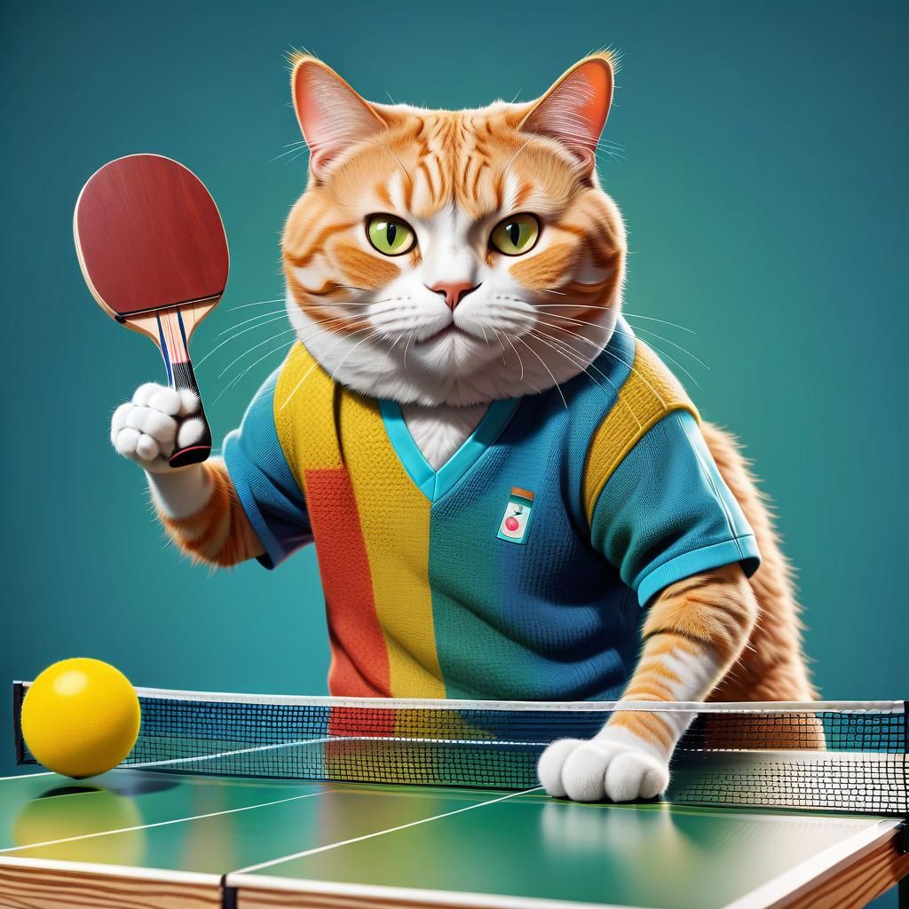 an anthropomorphic cat playing table tennis.