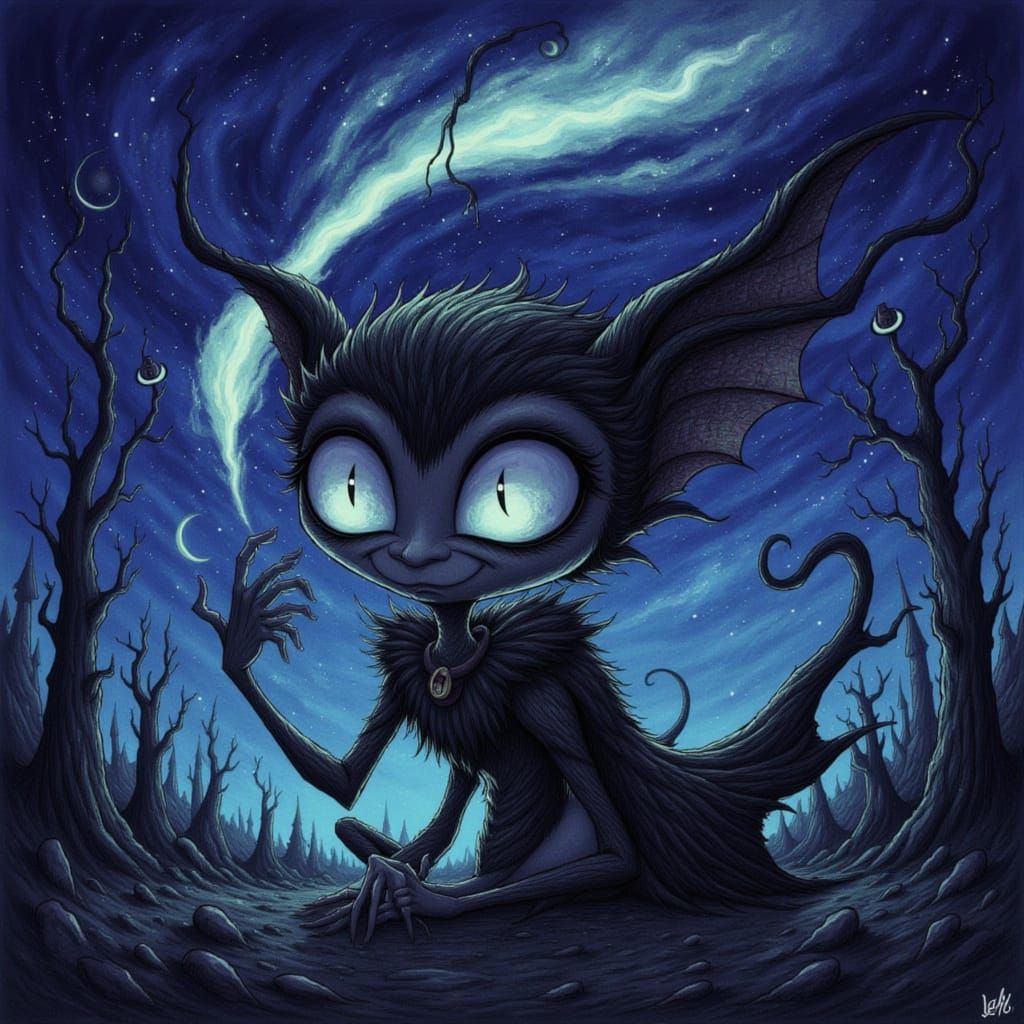 <lora:SybilThorn-LORA11:1.0> . whimsy. Dynamic and dramatic lighting. Dynamic and dramatic pose. Dark whimsy. Reminiscent of the Works of Ma...