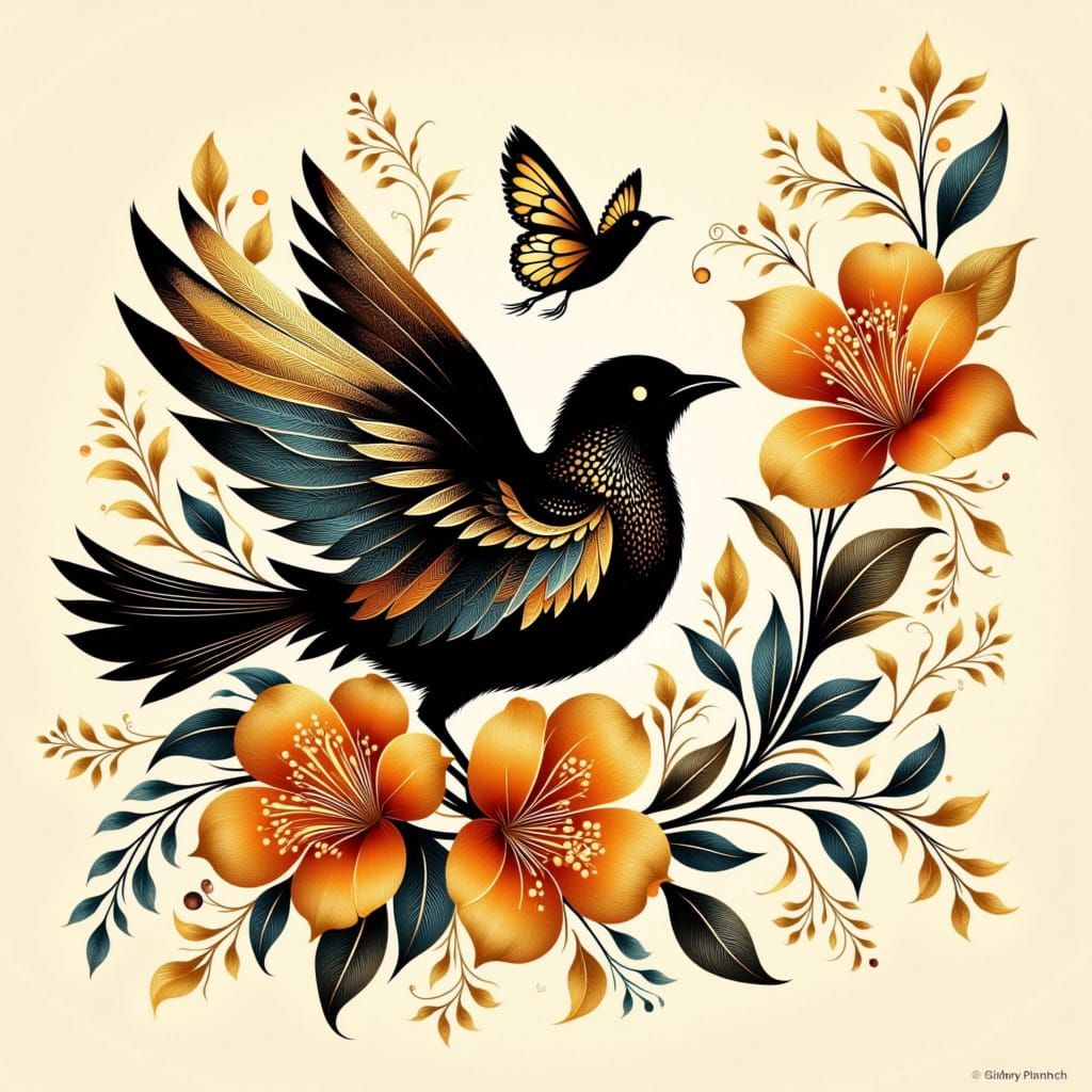 <lora:BlackGold silhouette:1.0> Black and gold silhouette Surreal fantasy art Wet ink on silk ethereal watercolor full screen painting Color...