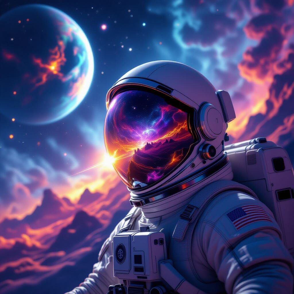 A lone astronaut adrift in a nebula, their helmet reflecting a distant, alien planet’s 
