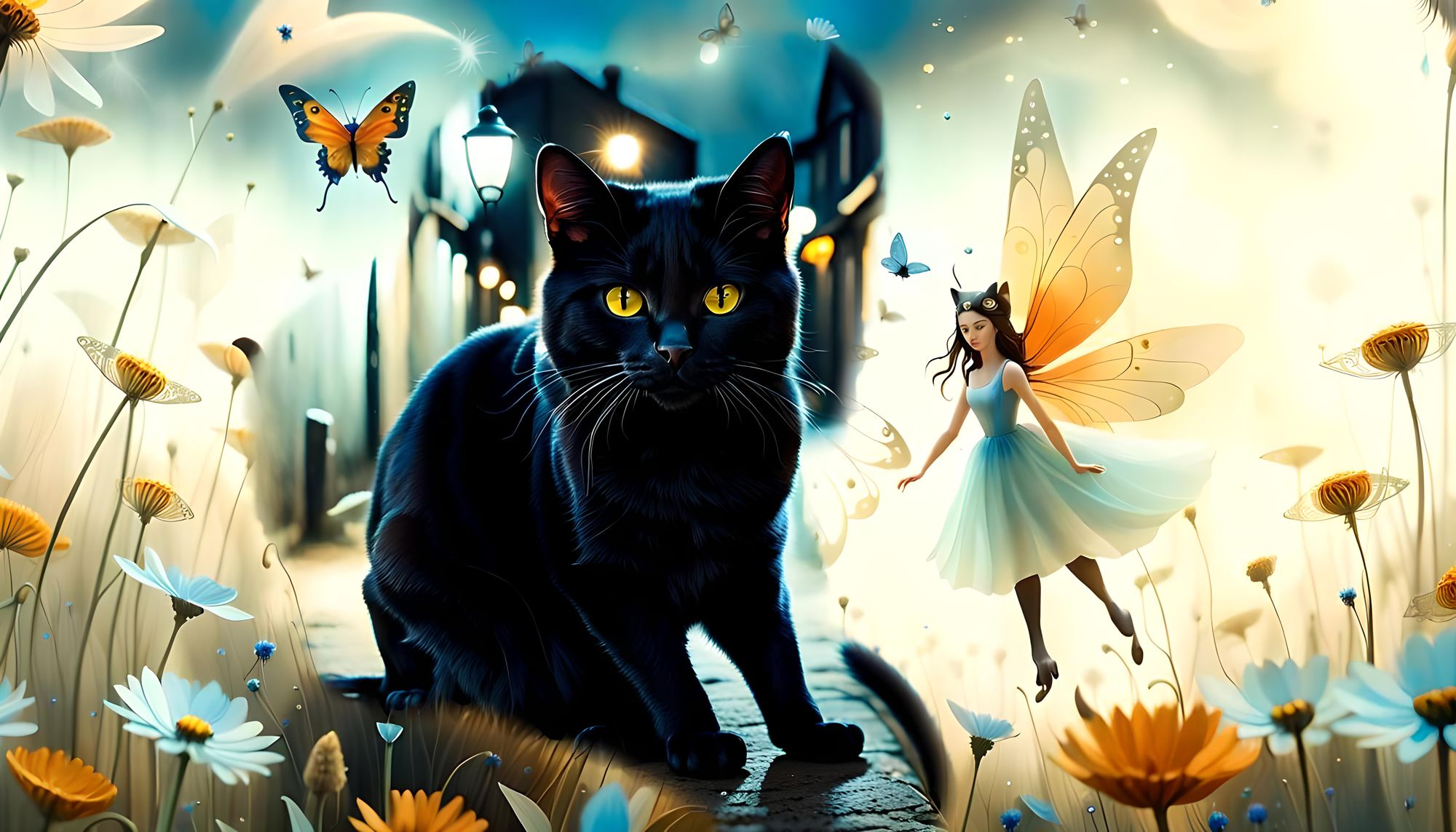 black cat chasing butterflies