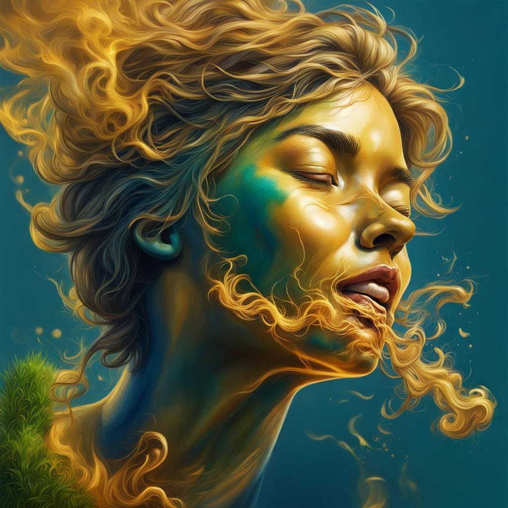 Golden smoke, deep blue background, happy face, green grass,...