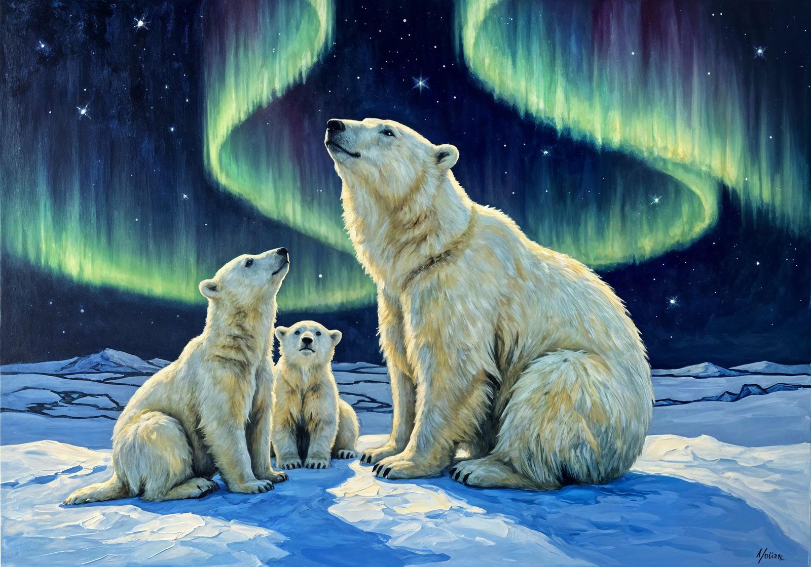 A polar bear and her 2 cubs sitting on the snow watching the northern lights neo-impressionism expressionist ...  by @Tinypegs