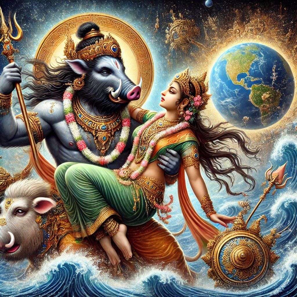 Varaha rescues Bhumi from the Waves of Chaos